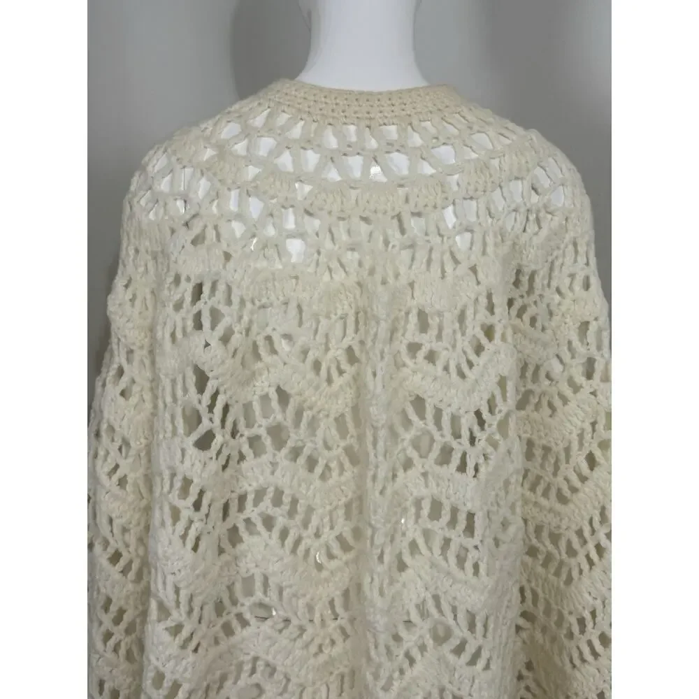 Handmade Crocheted Shawl Sweater Wrap Cape Coverup Ivory Cream Fringe Boho OS